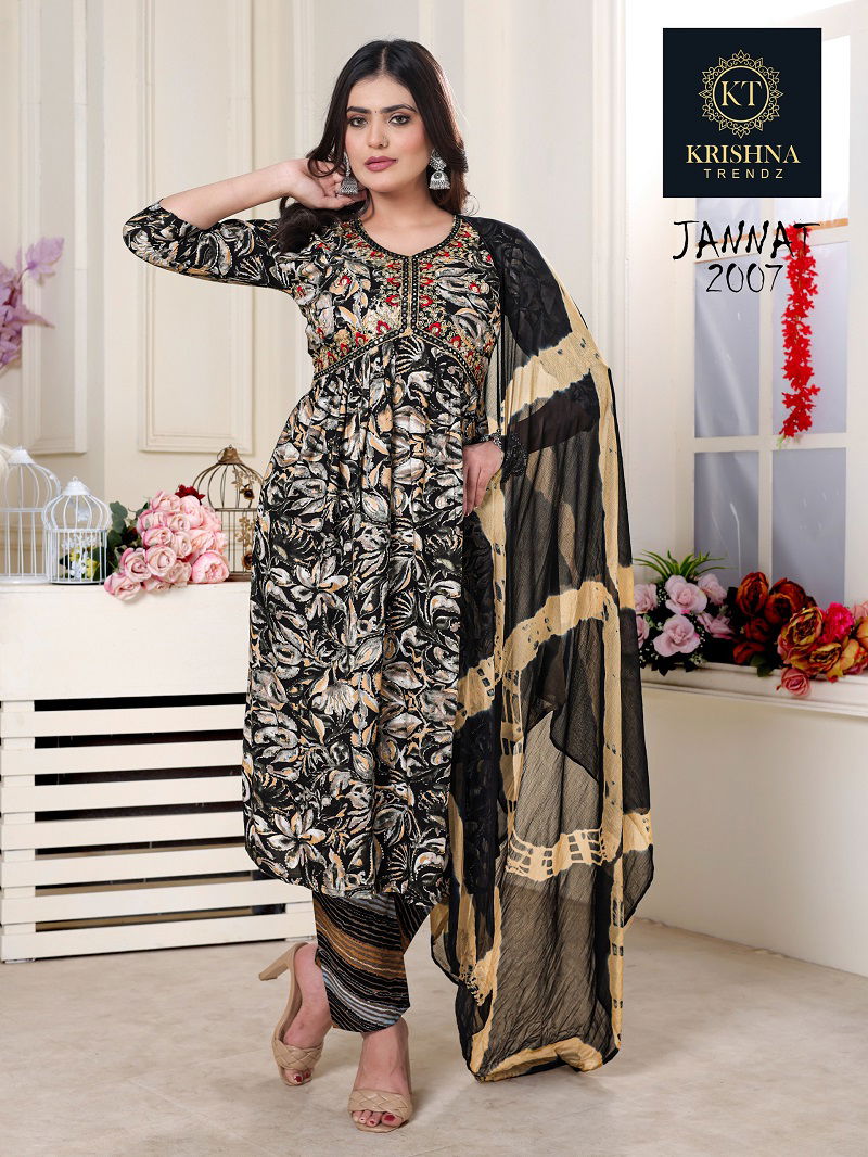 Jannat Vol 1 By Krishna Alia Cut Rayon Printed  Kurti With Bottom Dupatta Wholesale Online
